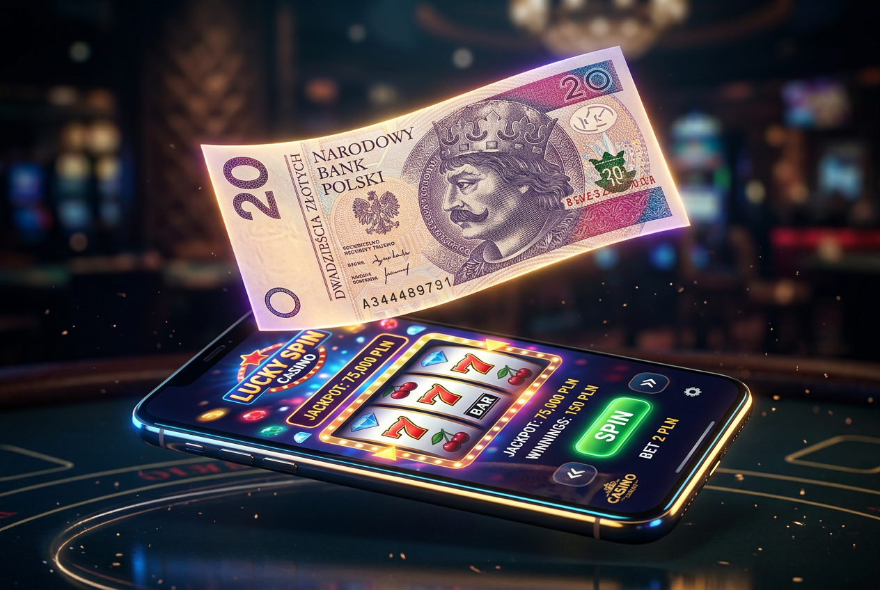 Banknot 20 PLN nad ekranem smartfona z aplikacją kasyna