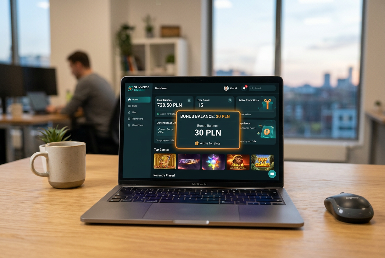 Interfejs nowoczesnego kasyna online prezentujący saldo bonusowe 30 PLN na koncie gracza