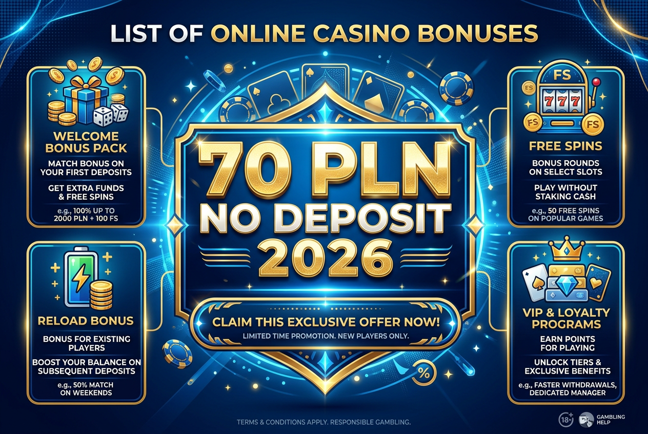 Profesjonalne zestawienie ofert kasyn online z bonusem 70 PLN bez depozytu na rok 2026