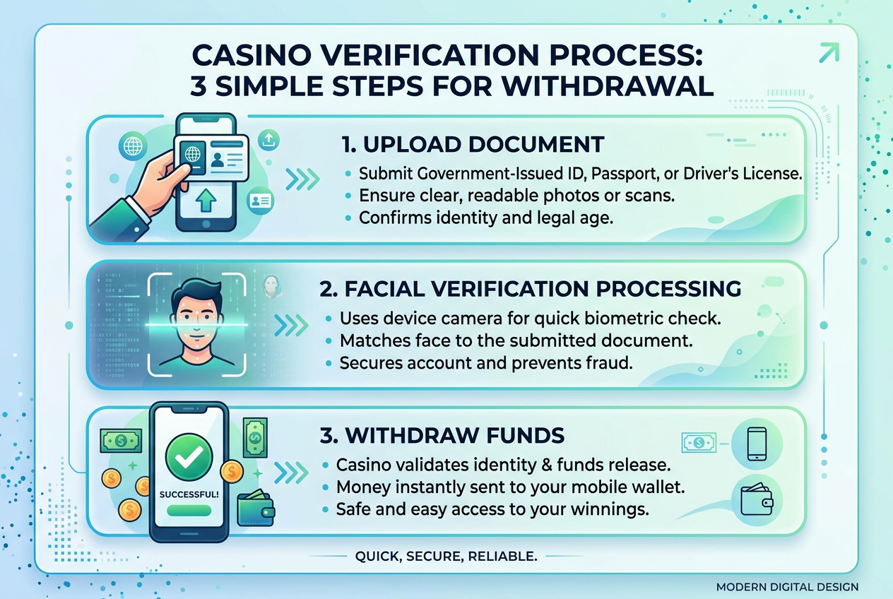 Infografika przedstawiająca proces weryfikacji tożsamości KYC w kasynie online