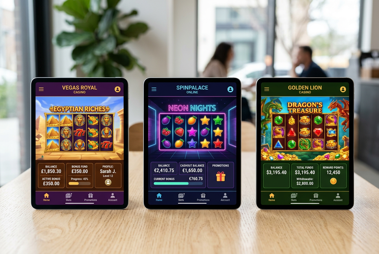 Comparison of three mobile casino dashboards on tablets showing various slots and bonus options