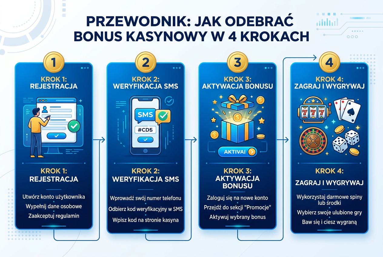 Infografika przedstawiająca 4 kroki do odebrania bonusu: Rejestracja, Weryfikacja SMS, Aktywacja, Gra.