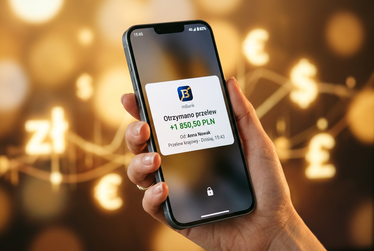 Powiadomienie o udanej wypłacie środków w aplikacji mobilnej
