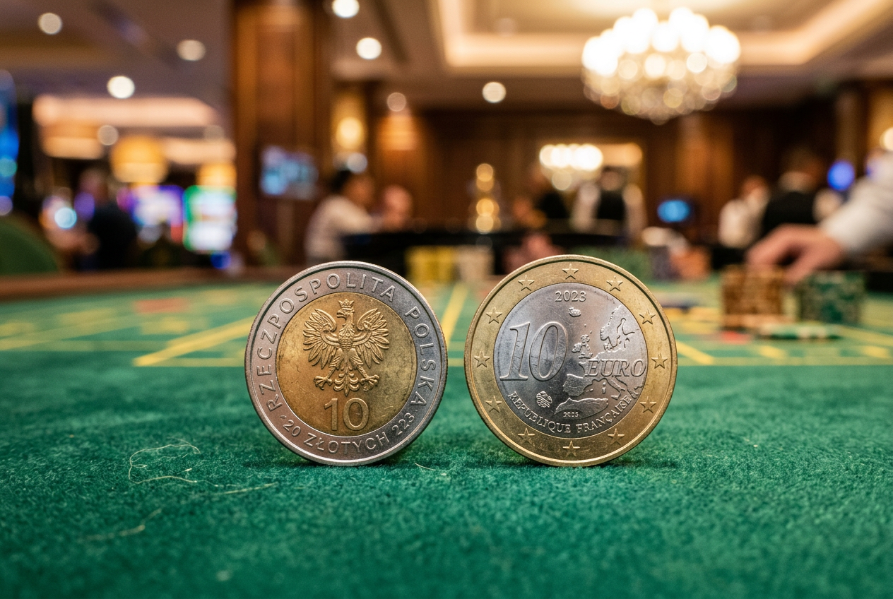 Porównanie wartości bonusu 10 PLN i 10 EUR na luksusowym tle kasynowym.