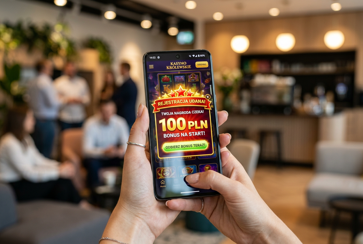 Smartfon wyświetlający powiadomienie o bonusie 100 zł bez depozytu w nowoczesnym kasynie online