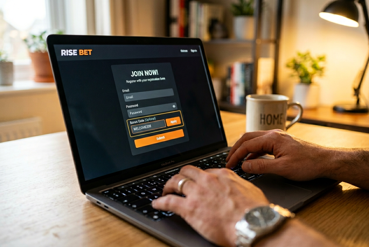 Osoba wpisująca kod promocyjny w formularzu rejestracyjnym na laptopie